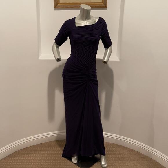 Tadashi Shoji Navy Asymmetrical Ruched Sleeve Gown - Picture 3 of 13